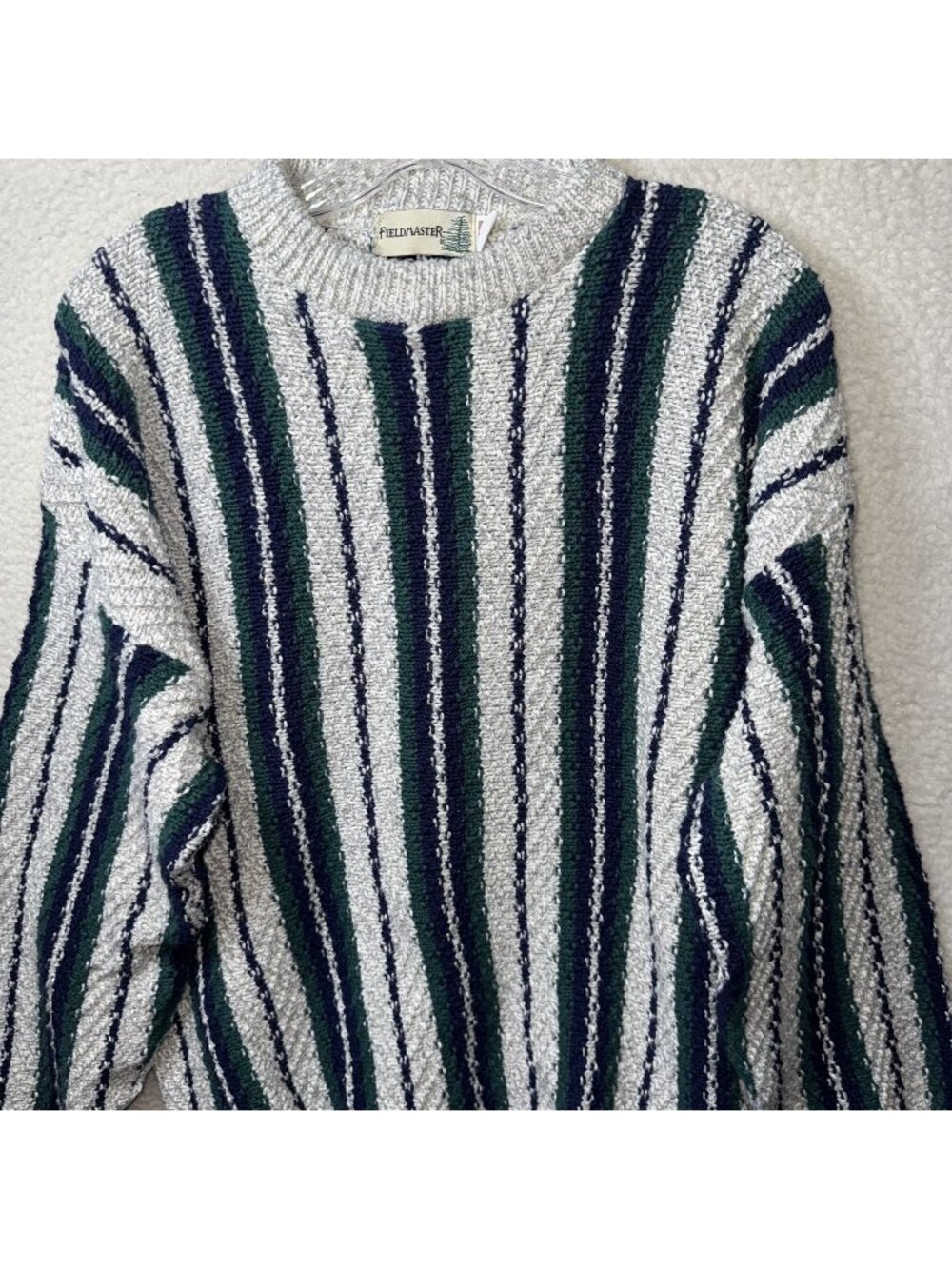 Fieldmaster Vintage Striped Sweater Large Cotton USA Green Navy White Chunky
